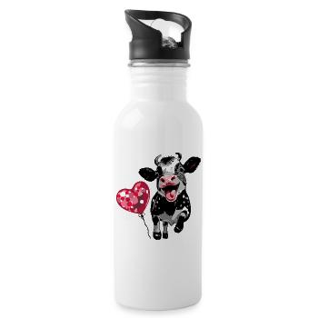 Calf with Heart Balloon - Funny Cow Design - Water bottle with straw - white - Right