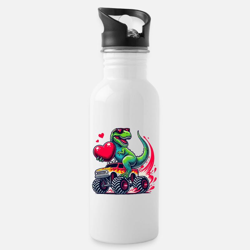 Valentinstag Dinosaurier Herz Monstertruck Lustig - Trinkflasche mit integriertem Trinkhalm - Weiß