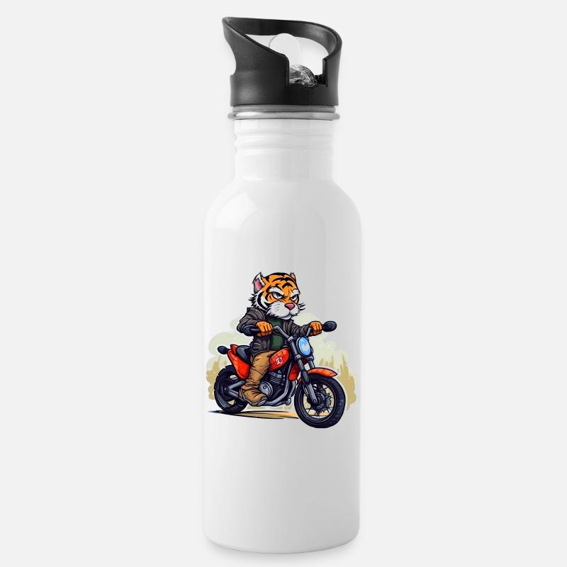 Tiger Motorradfahrer - Trinkflasche mit integriertem Trinkhalm - Weiß