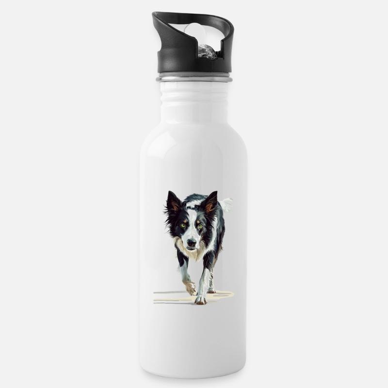 Border Collie - Trinkflasche mit integriertem Trinkhalm - Weiß