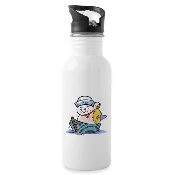 maritim Katze witzig Fischer Fisch Kinder Seemann - Trinkflasche mit integriertem Trinkhalm - Weiß - Rechts