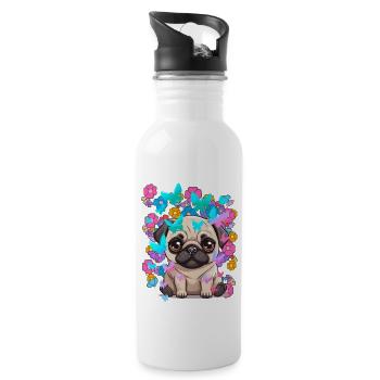 Hund Hunde Mops Frühling Blumen Schmetterlinge - Trinkflasche mit integriertem Trinkhalm - Weiß - Rechts