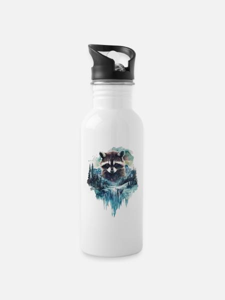 Waschbär - Trinkflasche mit integriertem Trinkhalm - Weiß