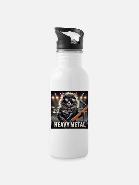 Heavy Metal Katze mit Gitarre - Trinkflasche mit integriertem Trinkhalm - Weiß