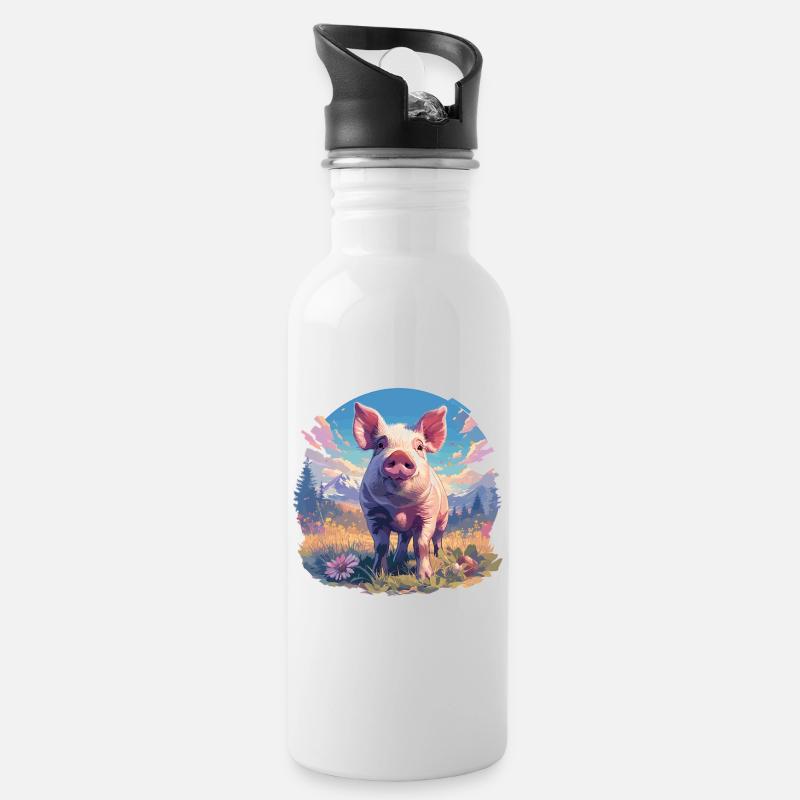 Schweine Schwein - Trinkflasche mit integriertem Trinkhalm - Weiß