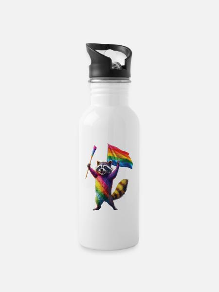 Waschbär - Trinkflasche mit integriertem Trinkhalm - Weiß