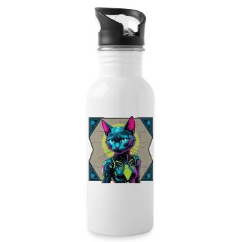 Cyberkatze – Futuristisches Neon-Design für Katzen - Trinkflasche mit integriertem Trinkhalm - Weiß - Rechts