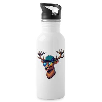 Cooler Hirsch Hirschkopf Jäger Jagen Wild Wald - Trinkflasche mit integriertem Trinkhalm - Weiß - Rechts