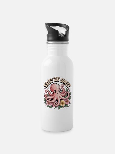 Süßes Oktopus Design - Trinkflasche mit integriertem Trinkhalm - Weiß