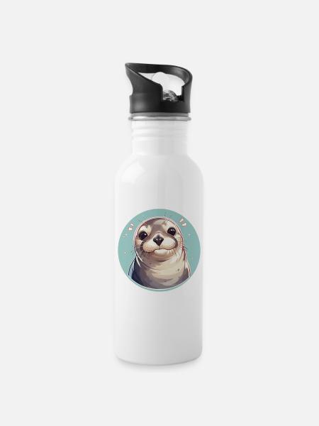 Robben Robbe - Trinkflasche mit integriertem Trinkhalm - Weiß