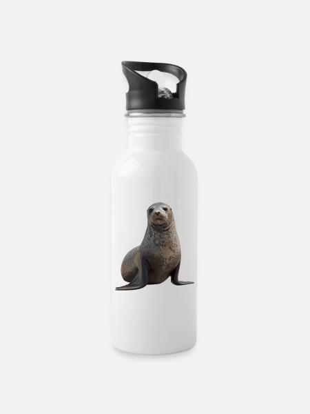 Robben Robbe - Trinkflasche mit integriertem Trinkhalm - Weiß