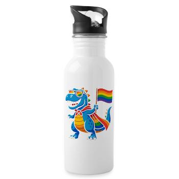 Pride Dino mit Regenbogen Cape - Trinkflasche mit integriertem Trinkhalm - Weiß - Rechts