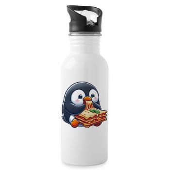 Cute Penguin with Lasagna Italian Food - Water bottle with straw - white - Right