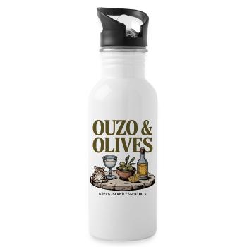 Ouzo & Oliven – Griechische Lebensfreude - Trinkflasche mit integriertem Trinkhalm - Weiß - Rechts