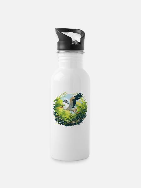 Störche Storch - Trinkflasche mit integriertem Trinkhalm - Weiß