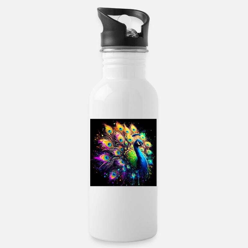 Pfau - Trinkflasche mit integriertem Trinkhalm - Weiß