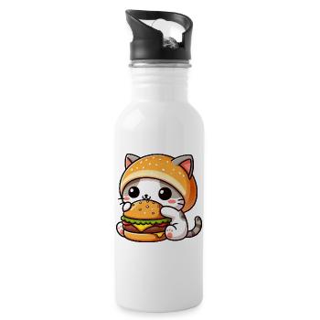 Cute Cat Cartoon with Burger Fast Food Lover - Water bottle with straw - white - Right
