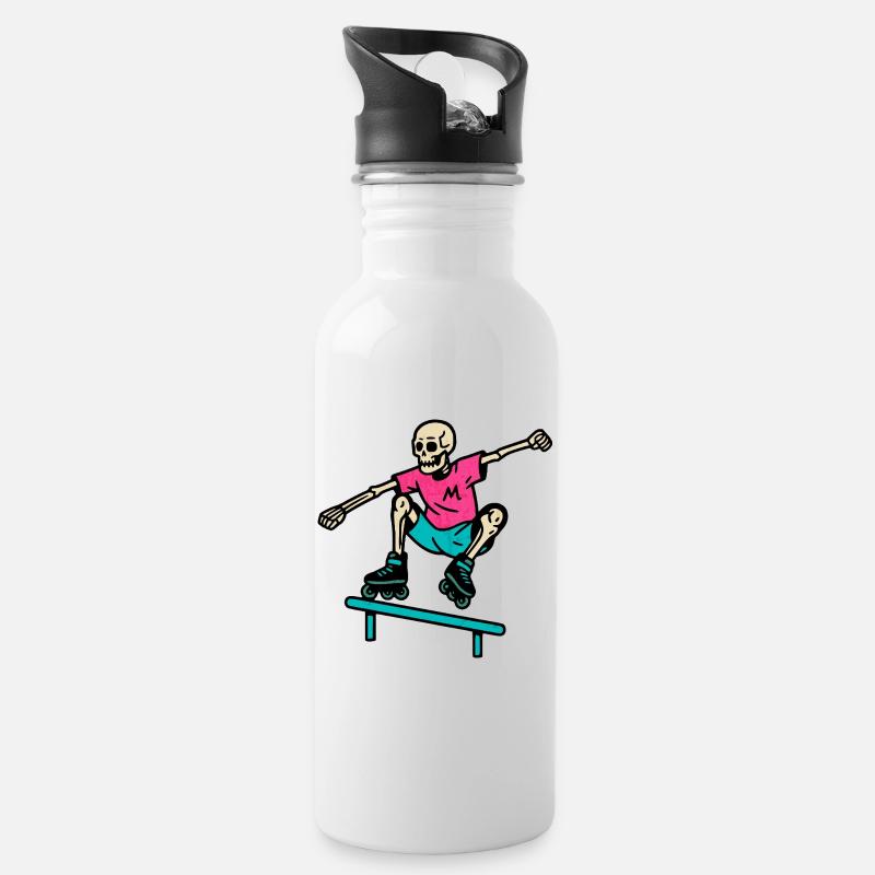 Neon Skelett grindet auf Inline-Skates - Trinkflasche mit integriertem Trinkhalm - Weiß