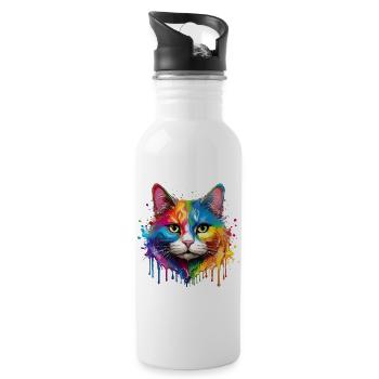 Regenbogenkatze Aquarellportrait - Trinkflasche mit integriertem Trinkhalm - Weiß - Rechts