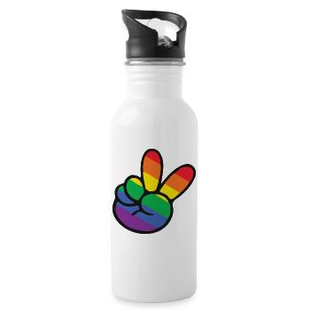 Regenbogen Peace Zeichen Hand - Trinkflasche mit integriertem Trinkhalm - Weiß - Rechts