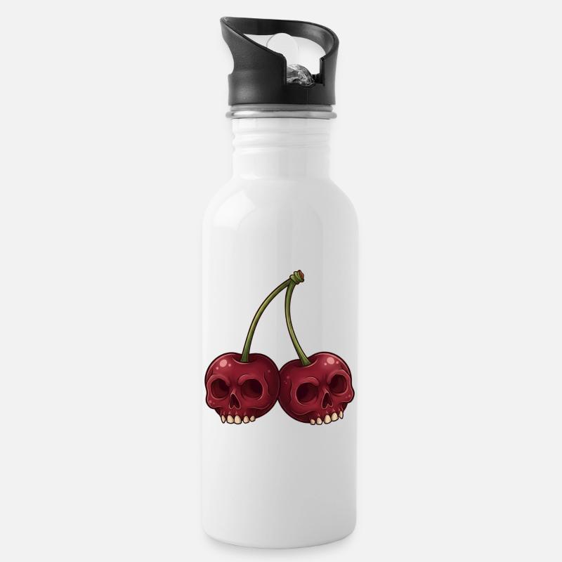 Cartoon Totenkopfschädel Kirschen - Trinkflasche mit integriertem Trinkhalm - Weiß