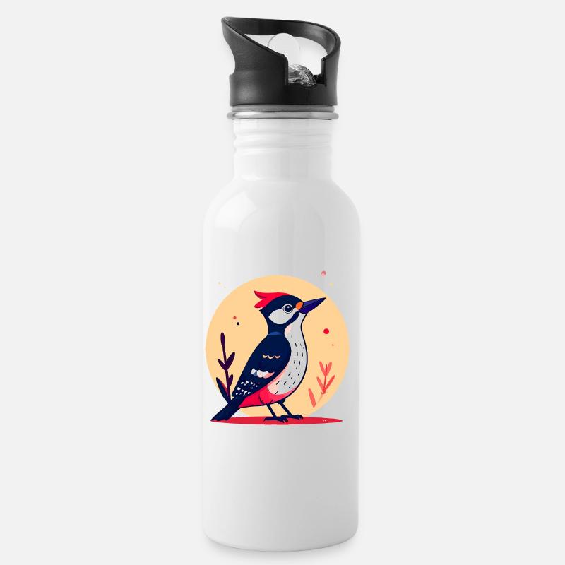 Buntspecht mit roter Haube - Trinkflasche mit integriertem Trinkhalm - Weiß