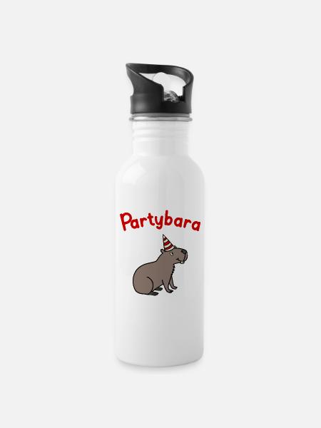 Partybara – das fröhliche Capybara mit Partyhut - Trinkflasche mit integriertem Trinkhalm - Weiß