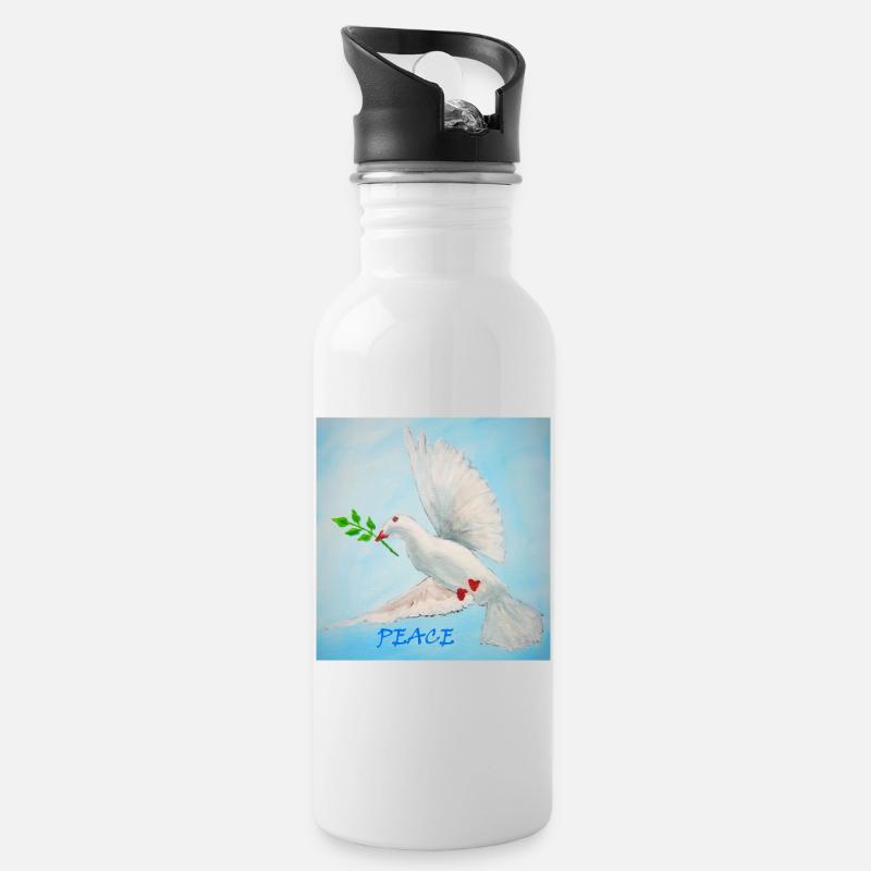 Friedenstaube mit Zweig - Trinkflasche mit integriertem Trinkhalm - Weiß