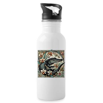 Crocodile in Floral Circle - Water bottle with straw - white - Right