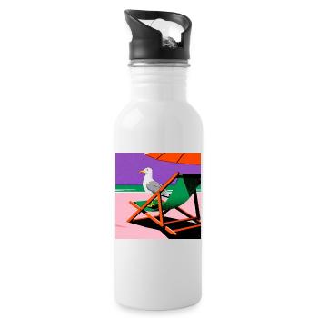 Bunter Strandstuhl und Möwe - Trinkflasche mit integriertem Trinkhalm - Weiß - Rechts