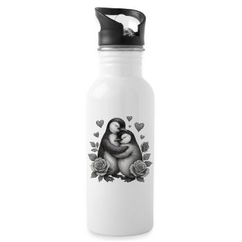 Umarmende Pinguine mit Rosen - Trinkflasche mit integriertem Trinkhalm - Weiß - Rechts