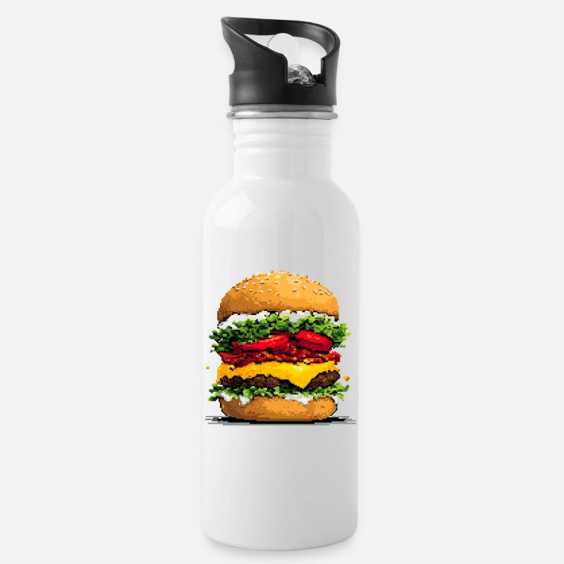 Pixelhamburger Retro Pixel Art - Water bottle with straw - white
