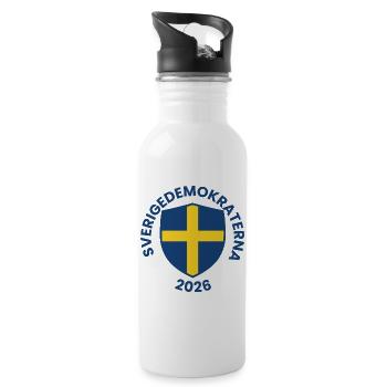 Blue shield with yellow cross design - Water bottle with straw - white - Right