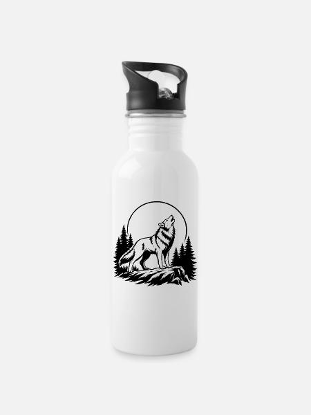 Wolf mit Vollmond - Trinkflasche mit integriertem Trinkhalm - Weiß