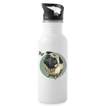 Pug with butterfly - Water bottle with straw - white - Right