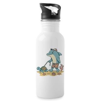 Delfin geht Gassi mit Schildkröte - Trinkflasche mit integriertem Trinkhalm - Weiß - Rechts