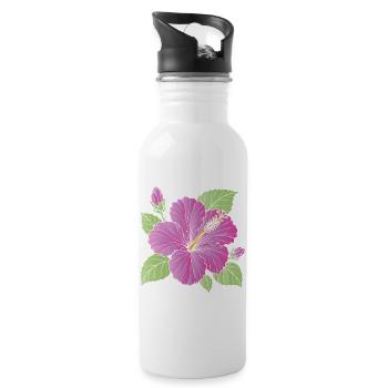 Purple Hibiscus Flower with Buds Illustration - Water bottle with straw - white - Right