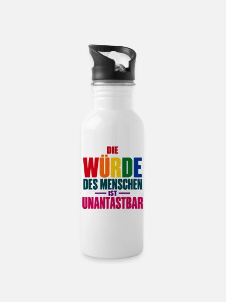 Die Würde des Menschen – Buntes Grundrechte-Motiv - Trinkflasche mit integriertem Trinkhalm - Weiß