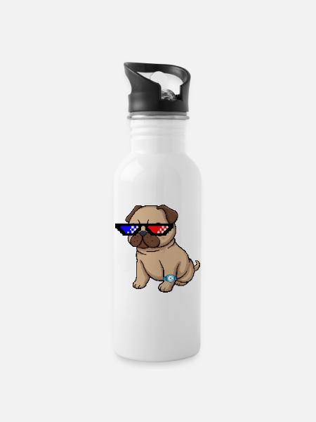 Pixel Shades Pug - Trinkflasche mit integriertem Trinkhalm - Weiß