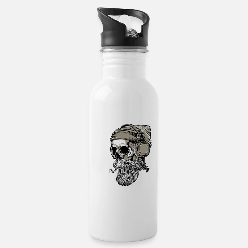 Bart Hipster Skull mit Kopfhörer - Trinkflasche mit integriertem Trinkhalm - Weiß