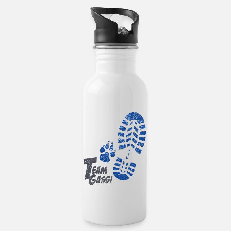Fussabdruecke blau - Trinkflasche mit integriertem Trinkhalm - Weiß