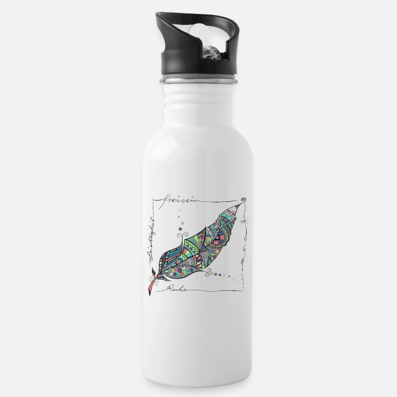 Feder bunt - Trinkflasche mit integriertem Trinkhalm - Weiß