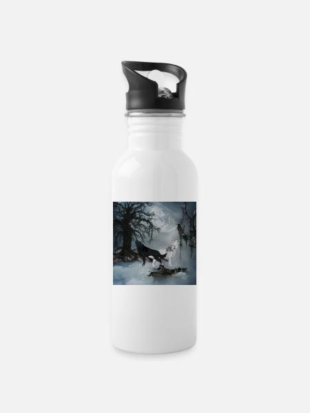 Erstaunlicher Schwarzweiss-Wolf - Trinkflasche mit integriertem Trinkhalm - Weiß