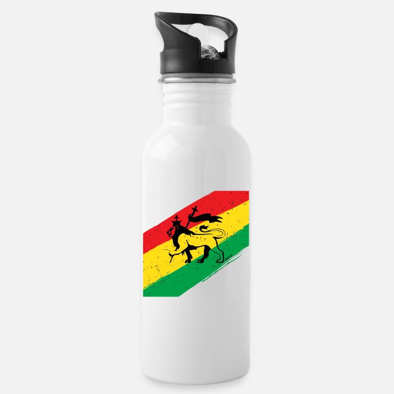 Rasta Löwe vor Dreifarben Flagge - Trinkflasche mit integriertem Trinkhalm - Weiß