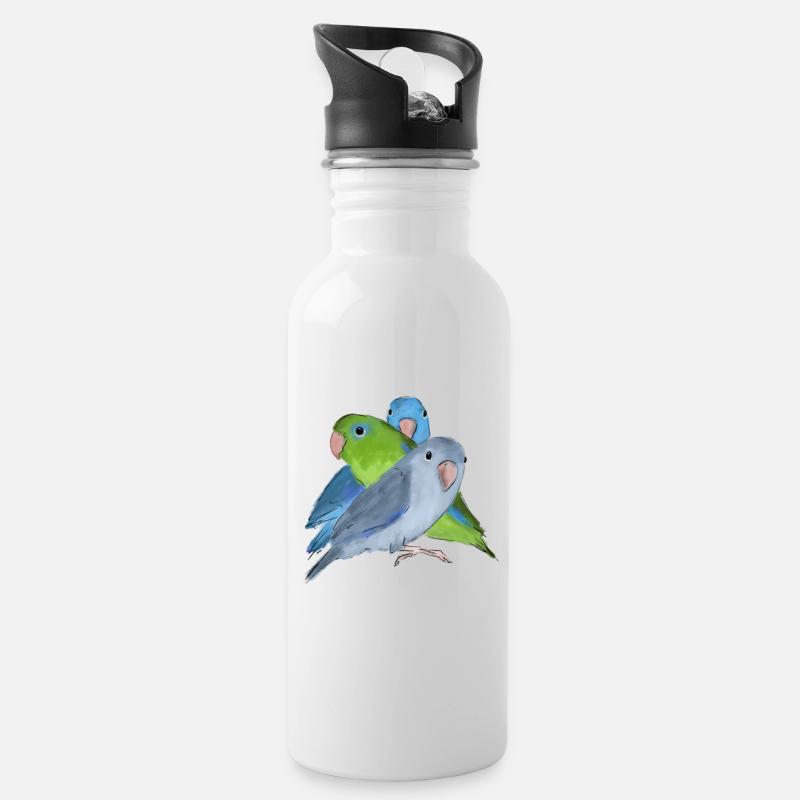 Drei Sperlingspapageien - Trinkflasche mit integriertem Trinkhalm - Weiß