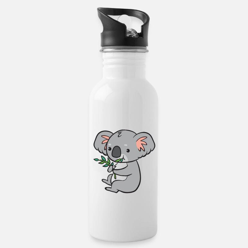 Koala - isst Eukalyptus - Trinkflasche mit integriertem Trinkhalm - Weiß