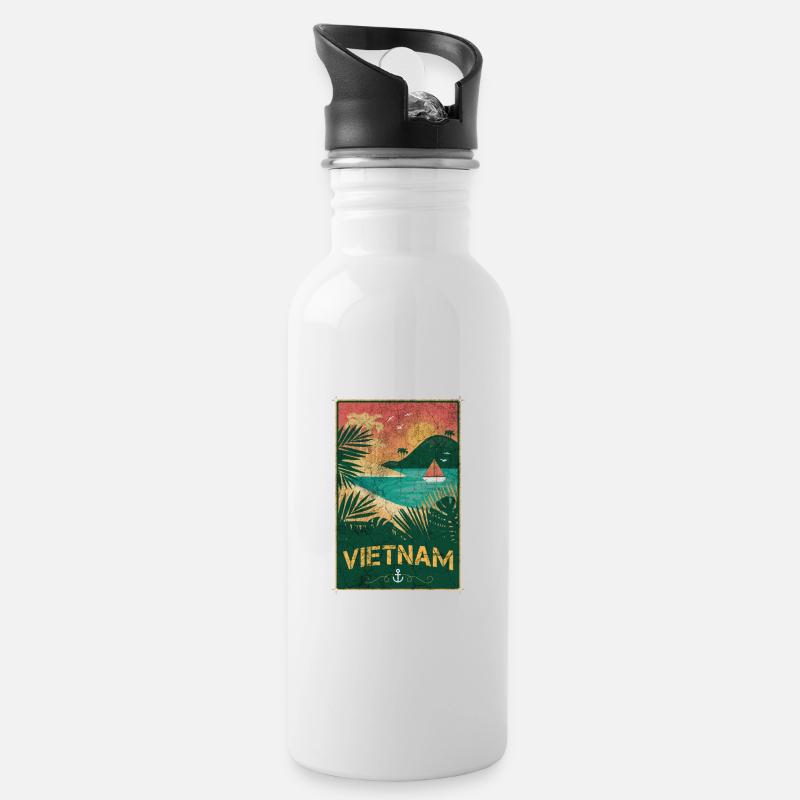 Vietnam Vintage Beach Design - Trinkflasche mit integriertem Trinkhalm - Weiß