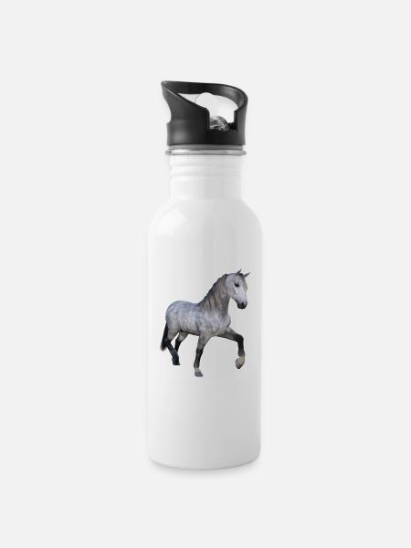 Grauer Wildpferd im Galopp - Trinkflasche mit integriertem Trinkhalm - Weiß