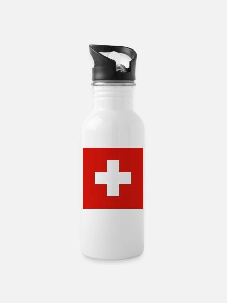 SCHWEIZER FLAGGE - Trinkflasche mit integriertem Trinkhalm - Weiß
