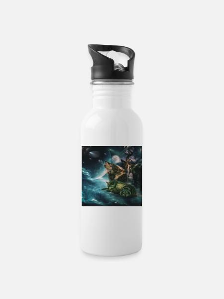 Wolf, der im Mondschein mpresst - Trinkflasche mit integriertem Trinkhalm - Weiß